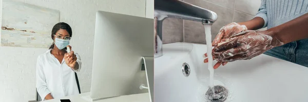Collage de freelancer afroamericano en máscara médica mostrando spray antiséptico y lavándose las manos con jabón, imagen horizontal - foto de stock