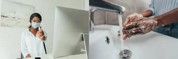 Collage of african american freelancer in medical mask showing antiseptic spray and washing hands with soap, horizontal image — Stock Photo