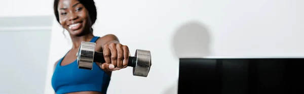 Imagem horizontal da esportista afro-americana segurando haltere com a mão estendida e sorrindo na sala de estar — Fotografia de Stock