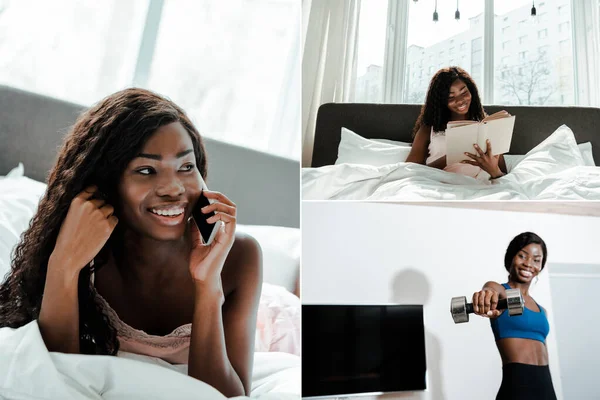 Collage of african american woman smiling, reading book and talking on smartphone in bedroom and sportswoman holding dumbbell in living room — Stock Photo