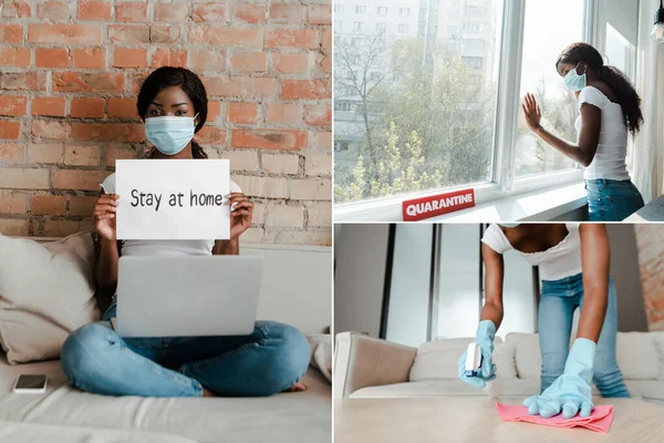 Colagem de freelancer afro-americano em máscara médica com laptop segurando cartaz e mulher limpando e de pé perto de janelas na sala de estar — Fotografia de Stock