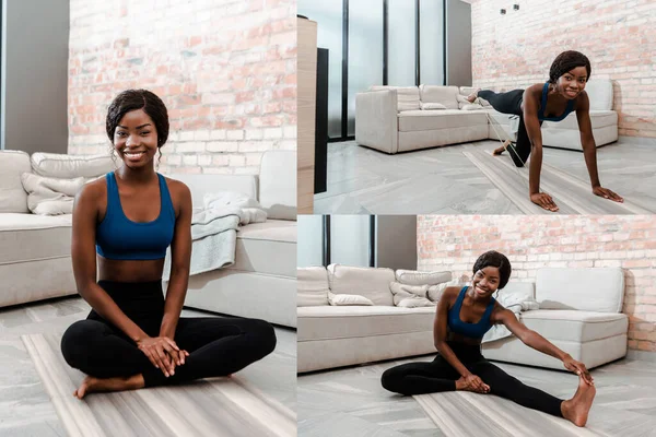 Collage de deportista afroamericana en pose de loto y a cuatro patas estirándose y sonriendo sobre esterilla de yoga en salón - foto de stock