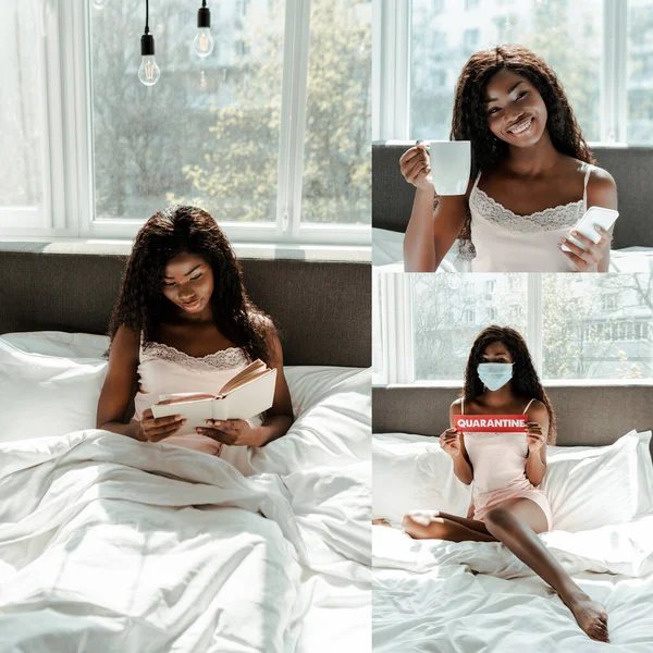 Collage de mujer afroamericana en máscara médica mostrando tarjeta con letras de cuarentena, sosteniendo taza de té con teléfono inteligente y libro de lectura en el dormitorio - foto de stock