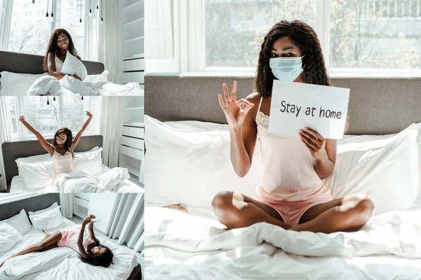 Collage de mujer afroamericana en máscara médica con pancarta con letras para quedarse en casa, estirándose y tomando selfie en la cama - foto de stock