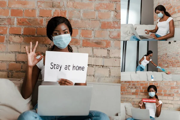 Collage de freelancer afroamericano en máscara médica con portátil mostrando pancarta y tarjeta y mujer limpiando en la sala de estar - foto de stock