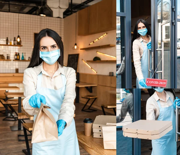 Collage of cafe owner in medical mask showing paper bag with boxes and opening door with card with covid-2019 iscrizione — Foto stock
