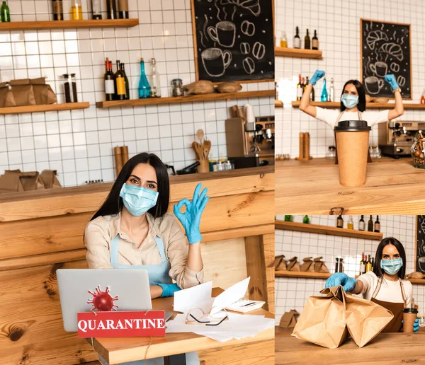 Collage del proprietario del caffè che mostra segno di approvazione, sacchetti di carta vicino ai tavoli con tazza usa e getta di caffè, carte, laptop e carta con iscrizione di quarantena — Foto stock