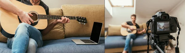 Collage of young video blogger playing guitar while sitting on sofa near laptop with blank screen and looking at digital camera, panoramic shot — Stock Photo