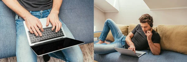 Collage del hombre en los auriculares acostado en el sofá y el uso de ordenador portátil con pantalla en blanco - foto de stock