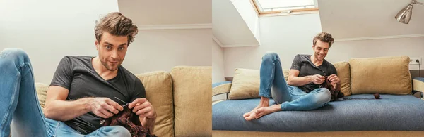 Collage de hombre guapo y positivo tejiendo en el sofá en casa en la habitación del ático, cultivo panorámico - foto de stock
