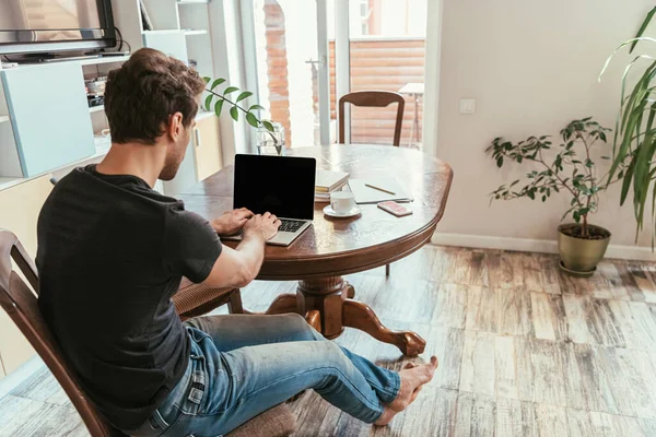 Back view of young man typing on laptop with blank screen at home — Stock Photo