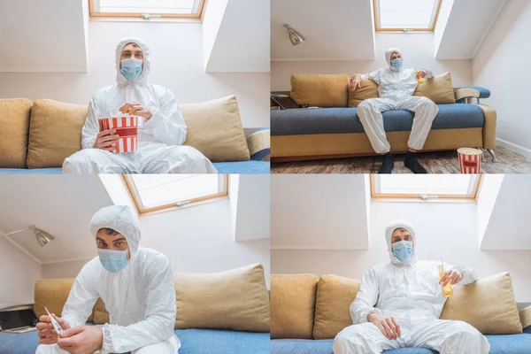 Collage of man in hazmat suit and protective mask sitting on sofa, holding bottle of beer, eating popcorn, looking at thermometer — Stock Photo