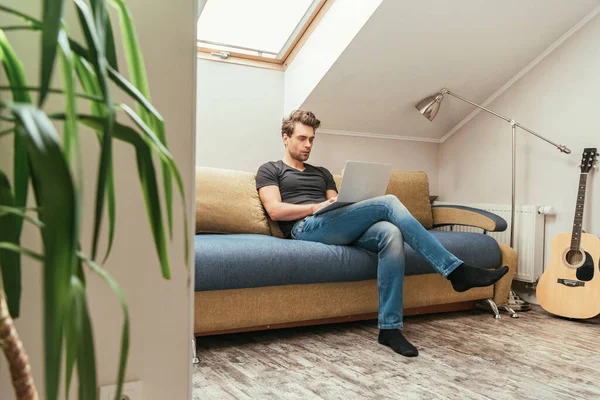 Selektiver Fokus eines gutaussehenden Mannes mit Laptop, während er auf dem Sofa im Dachgeschoss sitzt — Stockfoto