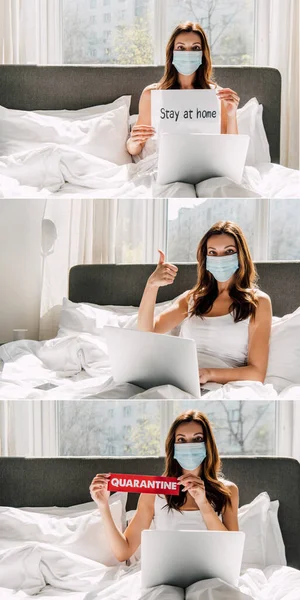 Colagem com freelancer em máscara médica segurando Fique em casa e sinais de quarentena, mostrando polegar para cima enquanto trabalha no laptop durante o auto-isolamento na cama — Fotografia de Stock