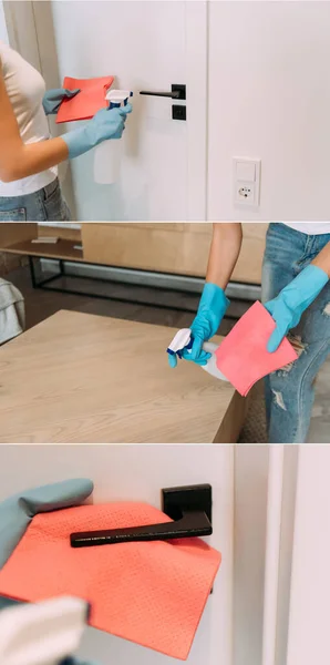 Collage con donna in guanti di gomma tavolo di pulizia e maniglia della porta con straccio e bottiglia spray durante la quarantena — Foto stock