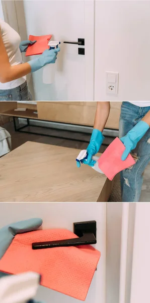 Colagem com mulher em luvas de borracha mesa de limpeza e maçaneta da porta com pano e frasco de spray durante a quarentena — Fotografia de Stock