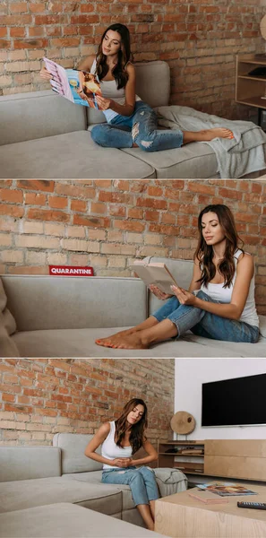 Collage with beautiful woman having stomachache, reading magazine and book on sofa with quarantine sign during self isolation — Stock Photo