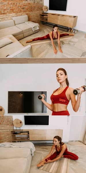 Collage with beautiful athletic girl training with dumbbells and stretching, sitting in twine on yoga mat at home during self isolation — Stock Photo