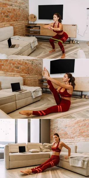 Collage con el entrenamiento de la mujer en línea y estiramiento con el ordenador portátil en casa en cuarentena - foto de stock