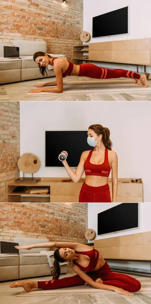 Collage with woman in medical mask training online with dumbbell, standing in plank and stretching with laptop at home on quarantine — Stock Photo