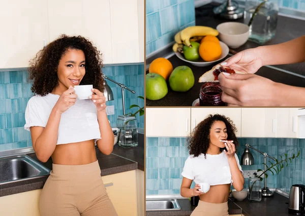 Collage of happy african american girl holding spoon with jam near fruits, eating toast bread and holding cups — Stock Photo