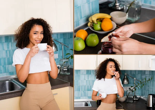 Collage de fille afro-américaine heureuse tenant cuillère avec de la confiture près des fruits, manger du pain grillé et tenant des tasses — Photo de stock