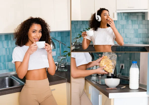 Collage de fille afro-américaine heureuse dans des écouteurs sans fil manger pain grillé, tenant des tasses et des flocons de maïs près du bol et bouteille avec du lait — Photo de stock