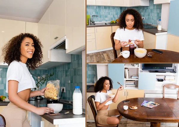 Colagem de feliz mulher afro-americana segurando pacotes com flocos de milho perto de tigelas e copos perto de smartphones com tela em branco — Fotografia de Stock