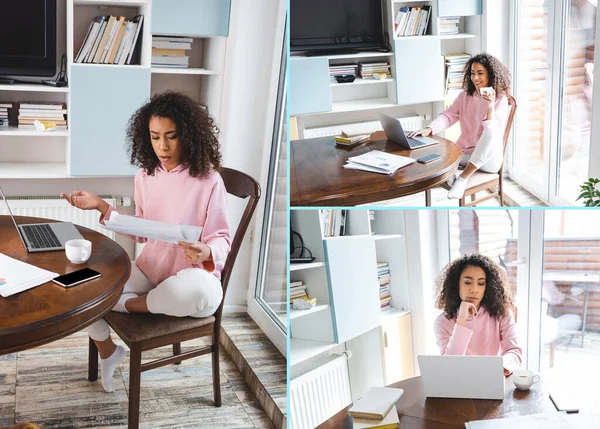 Collage of curly african american freelancer working from home — Stock Photo