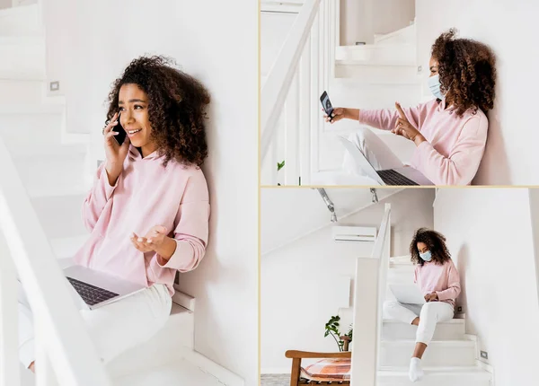 Collage de pigiste afro-américain parlant sur smartphone, prenant selfie, montrant signe de paix et utilisant des ordinateurs portables — Photo de stock