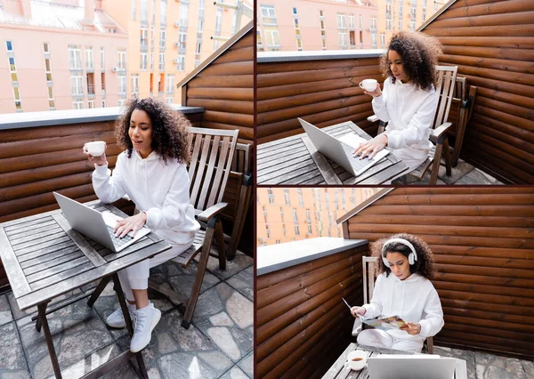 Collage de freelancer afroamericano en auriculares inalámbricos usando computadoras portátiles y tazas - foto de stock