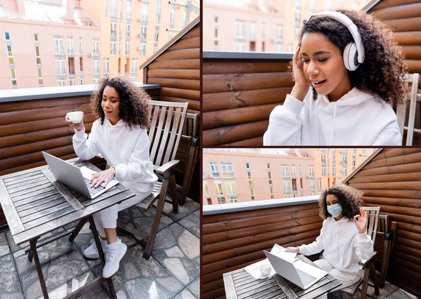 Collage de freelancer afroamericano en auriculares inalámbricos y máscara médica usando computadoras portátiles y tazas - foto de stock