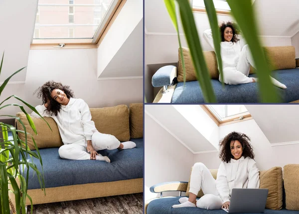 Collage of happy african american freelancer sitting near plants and using laptop — Stock Photo
