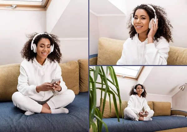 Collage de de chica afroamericana feliz en auriculares inalámbricos usando teléfonos inteligentes en la sala de estar - foto de stock