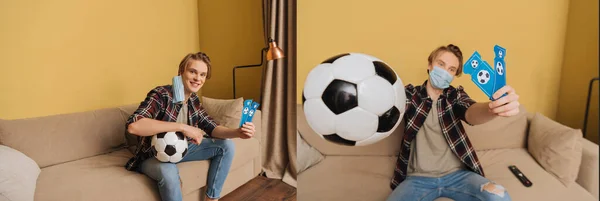 Colagem de homem em máscaras médicas segurando bolas de futebol e bilhetes de jogo de esporte, fim do conceito de quarentena — Fotografia de Stock
