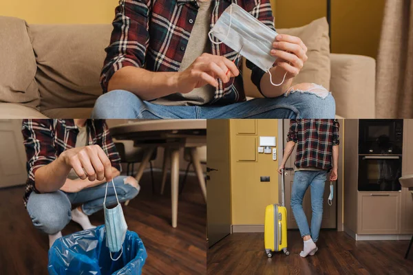 Collage del hombre caminando con equipaje y sosteniendo máscaras médicas, fin del concepto de cuarentena - foto de stock