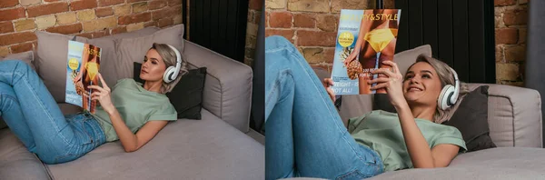 Collage of young woman reading magazine while relaxing on sofa in wireless headphones, horizontal image — Stock Photo