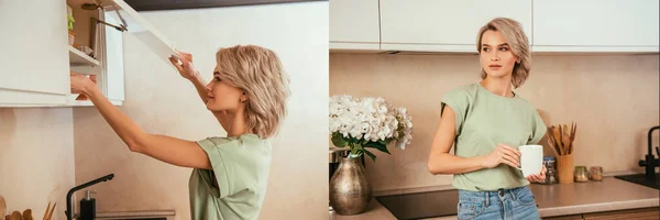 Collage of young woman holding cup of tea and opening kitchen cabinet, panoramic shot — Stock Photo