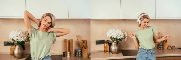 Collage di felice giovane donna ascoltare musica in cuffie wireless e stretching in cucina, immagine orizzontale — Foto stock
