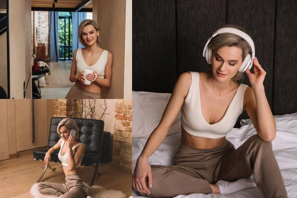 Collage of smiling woman holding cup of tea, talking on smartphone while sitting on fluffy carpet, and listening music in wireless headphones in bedroom — Stock Photo