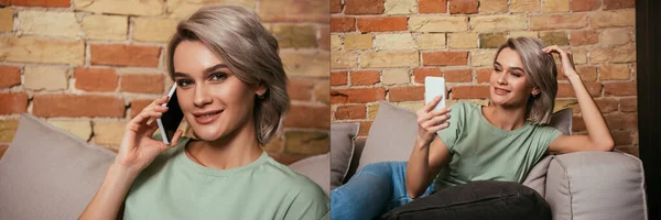 Collage di donna sorridente parlando e avendo video chat su smartphone a casa, immagine orizzontale — Foto stock