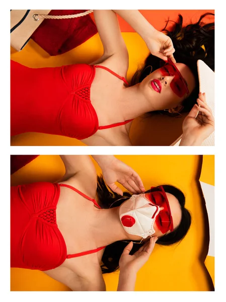 Collage de belle fille dans des lunettes de soleil et masque de protection couché sur orange — Photo de stock