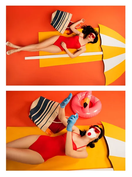 Collage of girl in sunglasses and protective mask using sanitizer near inflatable ring and paper umbrellas on orange — Stock Photo