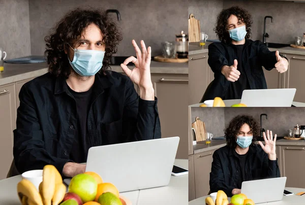 Collage de joven freelancer en gestos de máscara médica mientras está sentado cerca de la computadora portátil en la cocina - foto de stock