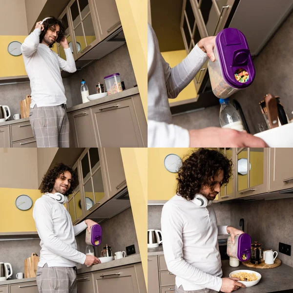 Colagem de homem bonito em fones de ouvido derramando cereais na tigela na cozinha — Fotografia de Stock