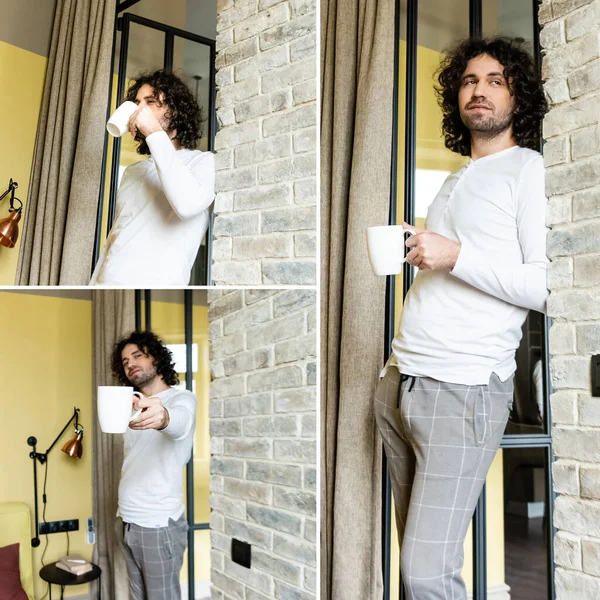 Коллаж красивого мужчины в пижаме, пьющего кофе дома — стоковое фото