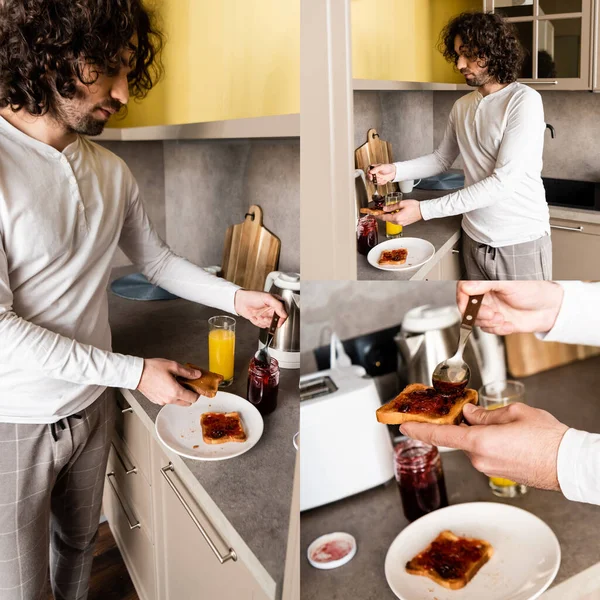 Collage eines hübschen lockigen Mannes, der Marmelade auf Toast in der Küche gießt — Stockfoto