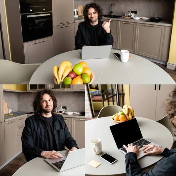 Коллаж фрилансера, показывающий как жест во время использования ноутбука на кухне — стоковое фото