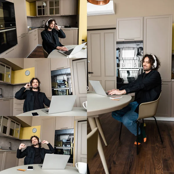 Collage de pigiste souriant dans les écouteurs à l'aide d'un ordinateur portable dans la cuisine — Photo de stock