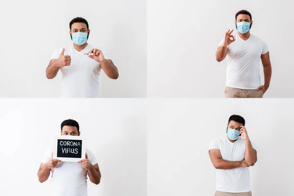 Коллаж африканского американца в медицинских масках показывает большой палец вверх, хорошо знак, держа доску с коронавирусной надписью и цифровой термометр — стоковое фото